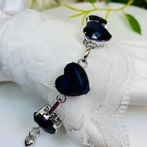 Blue Sapphire Bracelet/ Sterling Silver/ Simulated Blue Sapphire/ Heart Gem/ Victorian Filigree Jewelry [Ship Now] Design#B38