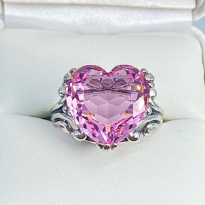 Huge 10ct Ring Simulated Pink Topaz Heart Leaf Claw Sterling Silver Filigree [Made To Order] Design#213