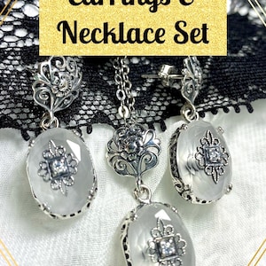 Save 10% on Frosted Camphor Earrings & Necklace Set, White CZ Embellishment Edwardian Sterling Silver Filigree [Made To Order]Design#70e