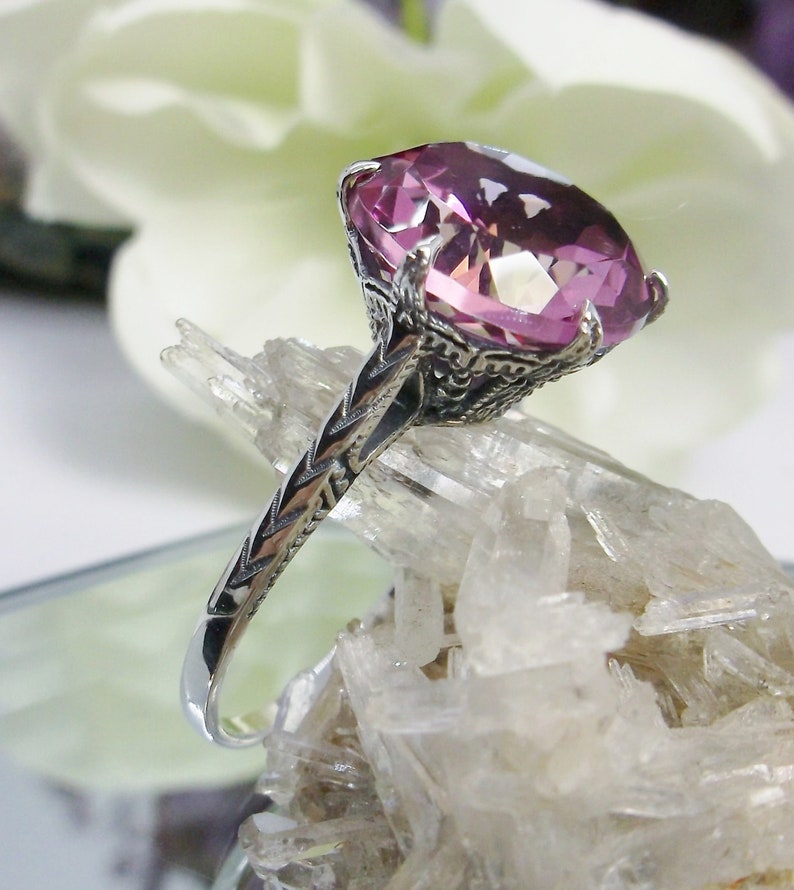 Design#37 In Stock Natural Pink Topaz Ring Size 5 Solid Sterling Silver 7ct Round Cut Pink Topaz Edwardian 1910 Filigree