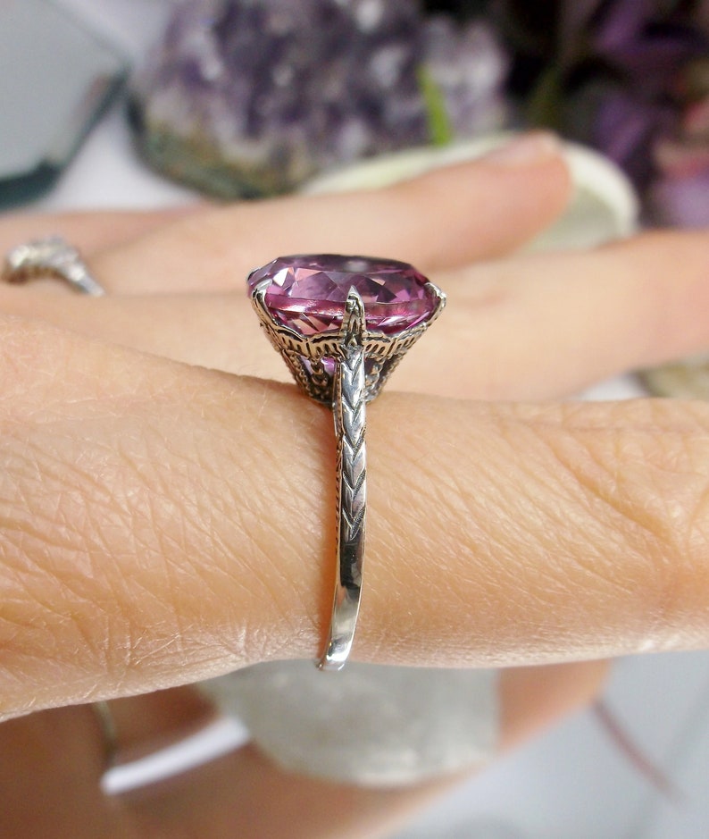 Design#37 In Stock Natural Pink Topaz Ring Size 5 Solid Sterling Silver 7ct Round Cut Pink Topaz Edwardian 1910 Filigree
