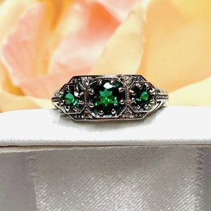 Natural Emerald Ring Sterling Silver/ Genuine Treated Green Gem Dainty 3Stone Trinity Art Deco Filigree [Made To Order] Design#161