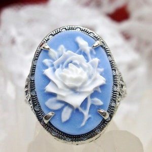 Cameo Ring/ Butterfly, Rose Flower, Lady Silhouette, Sterling Silver Victorian/Deco Filigree [Made To Order] Antique Design#230 Blue Flower Cameo