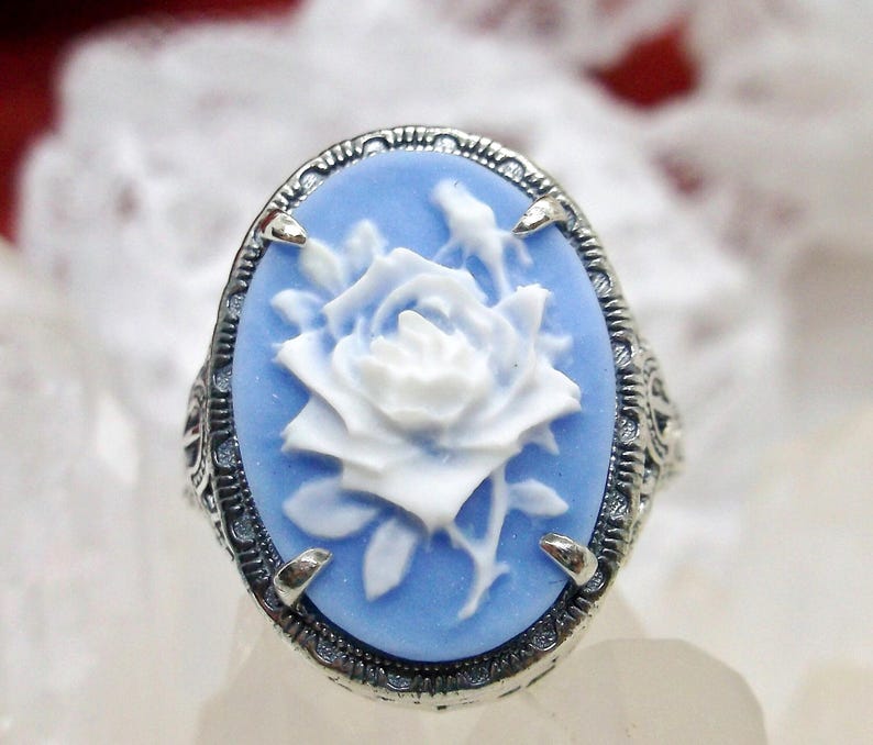 Cameo Ring/ Butterfly, Rose Flower, Lady Silhouette, Sterling Silver Victorian/Deco Filigree [Made To Order] Antique Design#230 Blue Flower Cameo