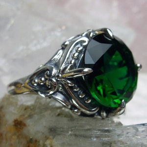 Emerald Ring/ 925 Sterling Silver/ 6ct Round Cut Simulated Green Emerald Silver Victorian Filigree [Custom Made] Design#82