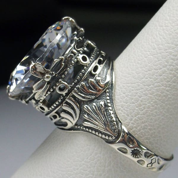 White CZ Queen Ring/ Solid Sterling Silver/ 10ct Round Cut Big Cubic Zirconia, Antiqued Tall Victorian Filigree [Custom Made] Design#52