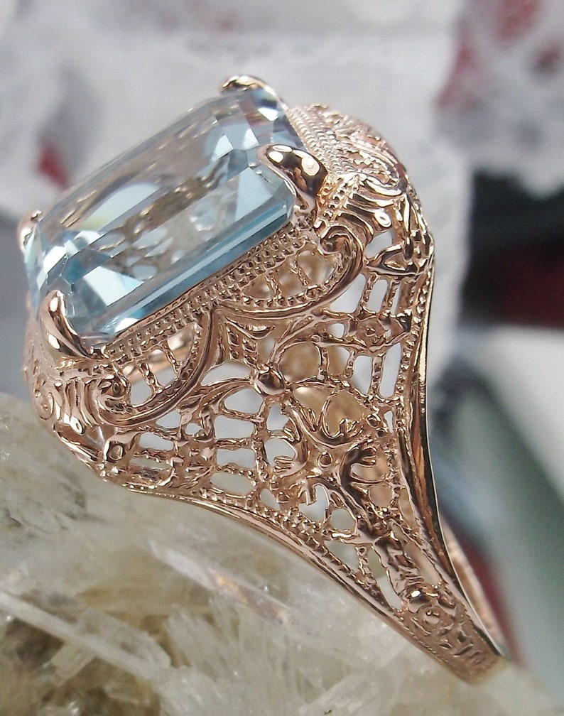 Autumn Design#200 Custom Made Natural Topaz Ring Rose Gold plated Sterling Silver 6ct Natural Sky Blue Topaz Floral Victorian Filigree