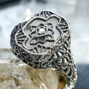 Camphor Glass Ring | Size 6 | Sterling Silver Frosted Glass & Moissanite White Gem, Art Deco Filigree [In Stock] Design#204