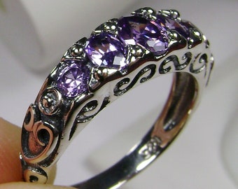 Amethyst Ring/ Solid Sterling Silver Purple Amethyst CZ or Natural 5-stone Georgian Victorian Filigree [Made To Order] Design#19