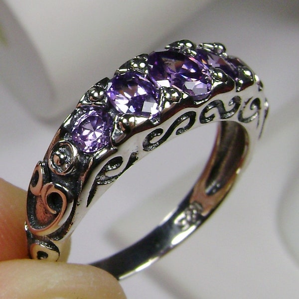 Amethyst Gemstone Ring, Sterling Silver Purple CZ or Natural 5-stone Gem Georgian Victorian Filigree Motif [Made To Order] Design#19