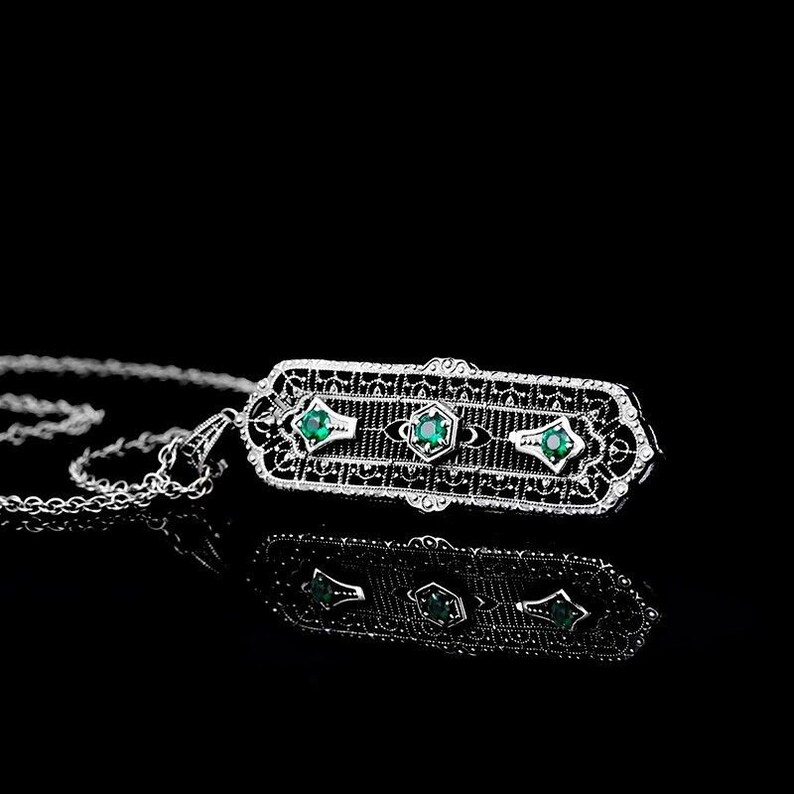 Emerald Pendant/ Sterling Silver/ 3Gem Emerald Edwardian Art Etsy