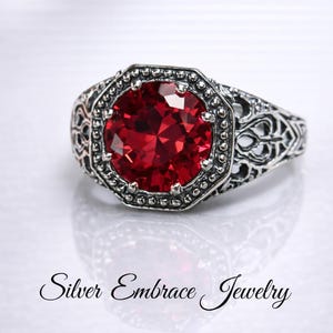 Ruby Ring / Sterling Silver/ 2ct Round Cut Simulated or Natural Red Gemstone New Victorian Filigree [Made To Order] Design#11