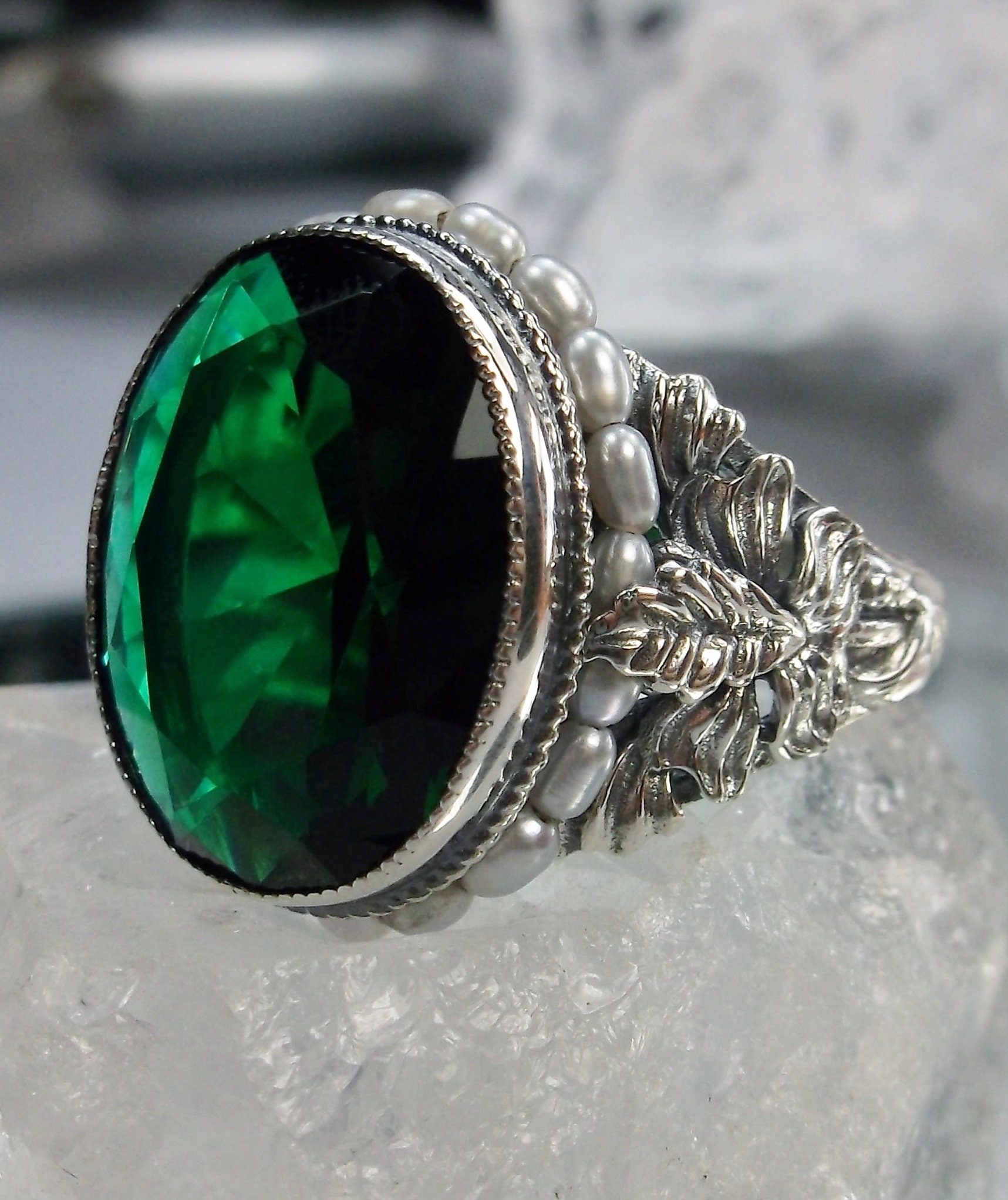 Emerald & Pearl Ring/ Solid Sterling Silver/ Simulated Green | Etsy