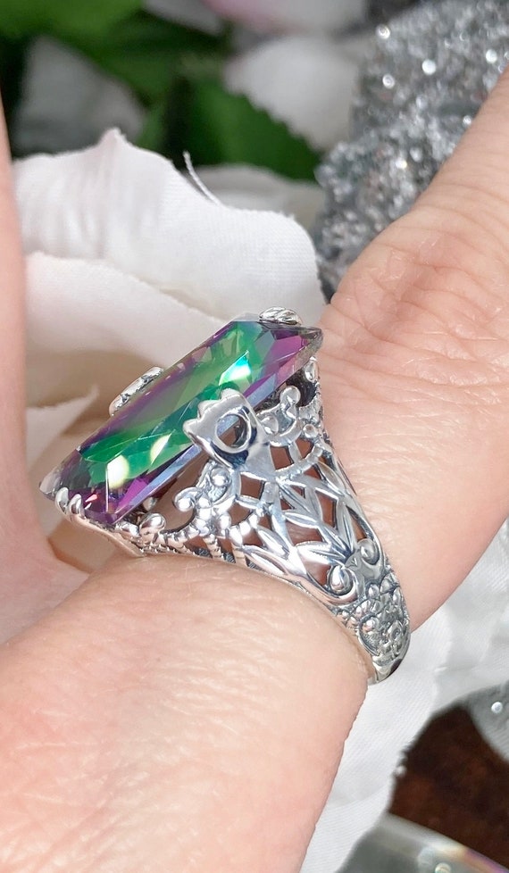 Mystic Topaz Ring/ Solid Sterling Silver/ 7ct Baguette 