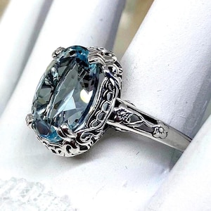 Aquamarine Ring| Sterling Silver| 10K | 14K|  4ct Oval Natural Aquamarine| Floral Art Deco Edwardian Filigree [Custom Made] Design#70z