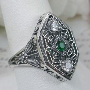 Green Emerald Ring Size 9 / Sterling Silver/ Simulated Green Emerald & White Cubic Zirconia gems, Art Deco Jewelry[In Stock] Design#231