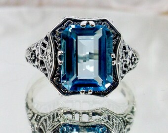 Natural Blue Topaz Ring | Size 5 | Sterling Silver 925 Gen 2.8ct Topaz Edwardian Lovely Rectangle Filigree Ring [In Stock] Design#148