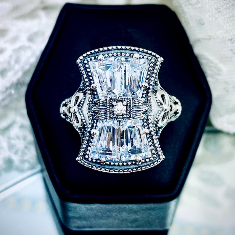 Sparkling CZ Ring / Rectangle Cubic Zirconias Ornate Sterling Silver ...
