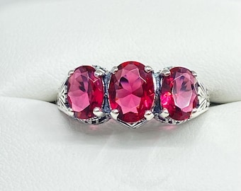 Red Ruby Ring • Size 7.5 • Dainty Simulated Gemstones • Sterling Silver 925 Art Deco Cocktail Filigree • In Stock | Design#41