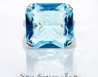 Aquamarine Blue Ring • Big 20ct Square Cut Simulated Aquamarine • Sterling Silver 925 Vintage Art Deco 1930s Revival • Made To Order | D#1