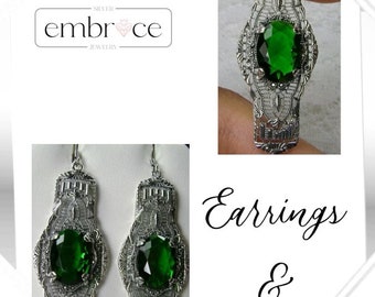 Boucles d'oreilles et pendentifs émeraude/Argent sterling/Taille ovale simulée émeraude verte longue Art déco château en filigrane [Fabrication sur mesure] Design # S4