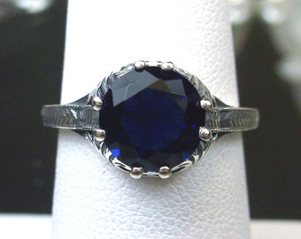 Sapphire Ring | 925 Sterling Silver | Simulated Sapphire Victorian Wedding Style Edwardian Filigree [Custom Made] Elizabeth Design#158