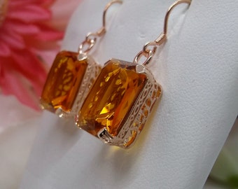 Orange Citrine Earrings/ Rose Gold plated Sterling Silver/ Art Deco Simulated Orange Citrine Etched Filigree Jewelry [Custom Made] Design#E5