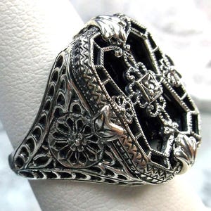 Camphor Glass Ring/ Sterling Silver/ Black Camphor Glass & CZ Art Deco 1930&#39;s Filigree [Custom Made] Design#203