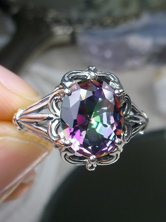 Mystic Topaz Ring/ Solid Sterling Silver/ 4ct Oval Simulated