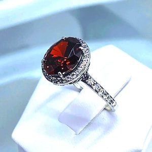 Garnet Red Halo Ring/ 4ct Oval Cut Gem & White CZ Pavé Accents w/Halo Art Deco Sterling Silver Filigree [Custom] Design#228