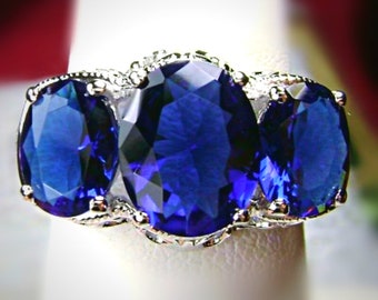 Simulated Blue Sapphire Ring • Size 8.5 • Sterling Silver 925 Edwardian Art Deco Trinity Filigree • In Stock | Design#36