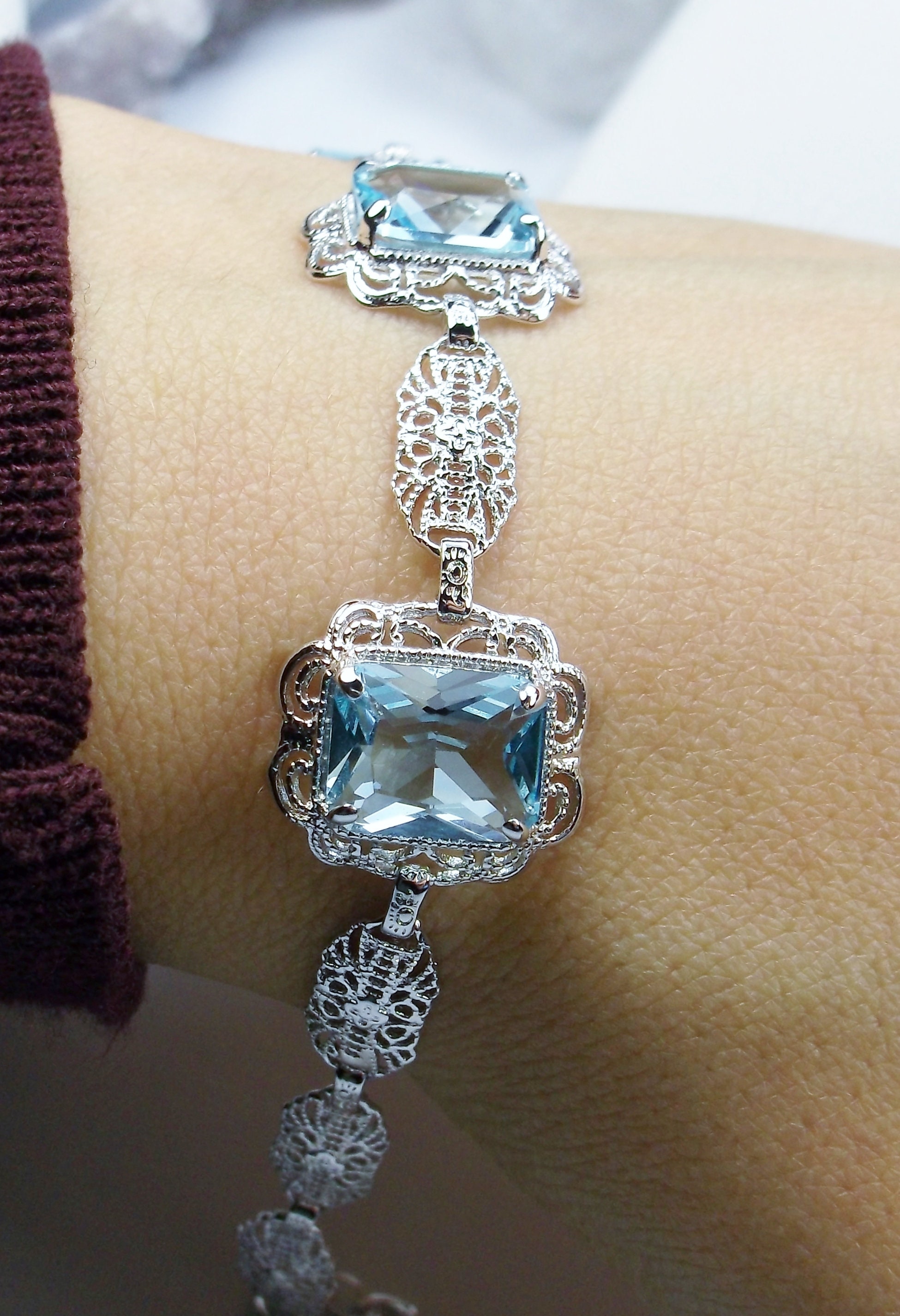 Aquamarine Bracelet/ Rhodium plated Sterling Silver/Simulated Aquamarine, Victorian Floral Filigree Jewelry [Custom Made] Design#B8