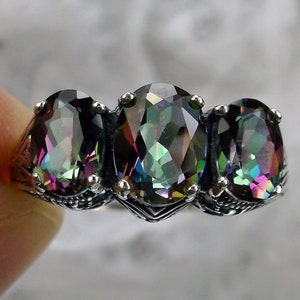 Natural Mystic Topaz Ring/ Sterling Silver/ 2.55ctw Natural Mystic Topaz 3Gem Art Deco/Edwardian Filigree [Custom Made] Design#41
