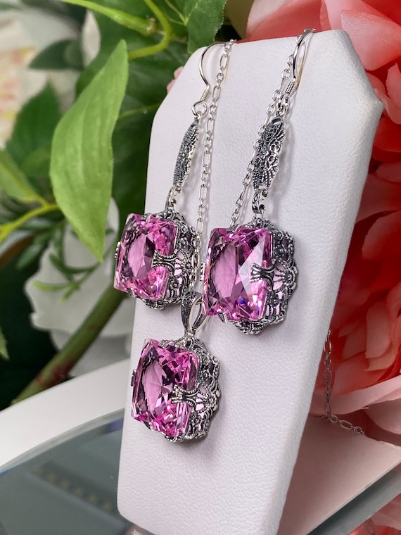 Luxury Heart 925 Sterling Silver Pink Diamond Earrings Necklace Jewelry  Sets for Women Wedding Bridal Cute Girl