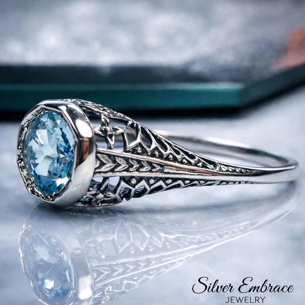 Anillo de topacio azul celeste natural o aguamarina / Plata de ley / Filigrana de diente de león estilo victoriano para bodas [Hecho por encargo] Diseño n.º 205