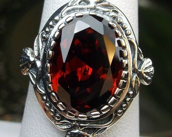 Garnet CZ Ring Size 9 / Solid Sterling Silver/ 6ct Oval Cut Garnet Cubic Zirconia, Silver Victorian Wreath Filigree [In-Stock] Design#74