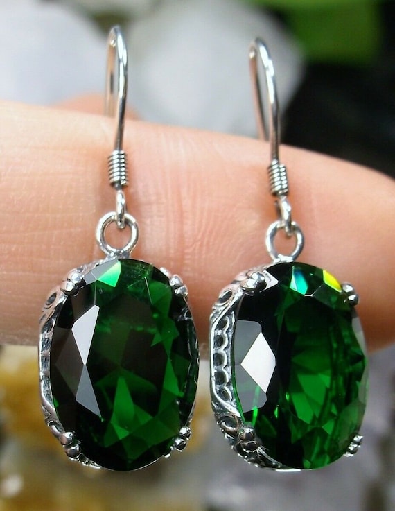 Emerald Earrings Sterling Silver Oval Simulated Green Emerald