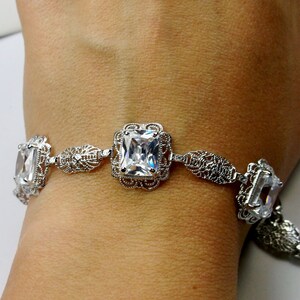 White CZ Bracelet/ Rhodium plated Sterling Silver/White Cubic Zirconia, Victorian Floral Filigree Jewelry [Custom Made] Design#B8