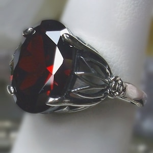 Red Garnet Ring | Sterling Silver|  6ct Oval Cut Red Gemstone | Gothic Leaf Filigree | Fine Jewelry| Gift for her [Made To Order] Design#122