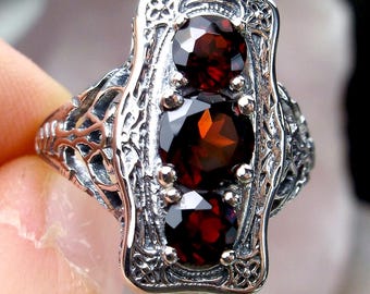 Natural Garnet Ring / Round 3 Gems with Edwardian Sterling Silver Filigree [Made to Order] Design#60