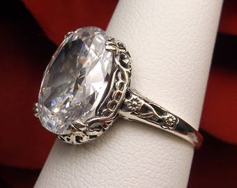 Anillo de circonita cúbica blanca / Talla 6 / Plata de ley 925 con circonita cúbica blanca de 6 ct, diseño floral Art Déco estilo eduardiano con filigrana [En stock] Diseño n.° 70