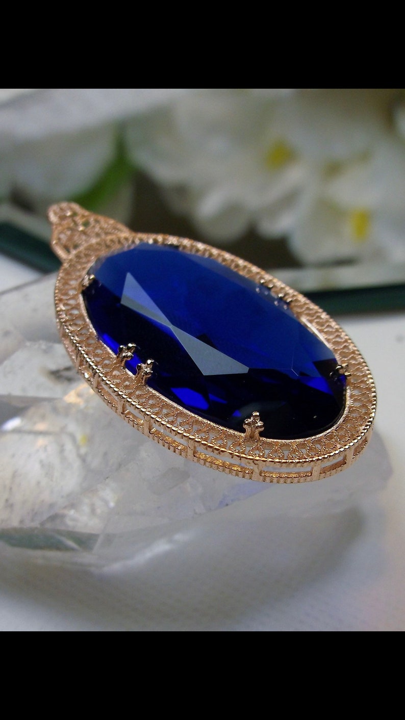 Blue Sapphire Pendant/ Rose Gold plated Sterling Silver /Simulated Blue  Sapphire Filigree Pendant Necklace [Custom Made] Design#P31