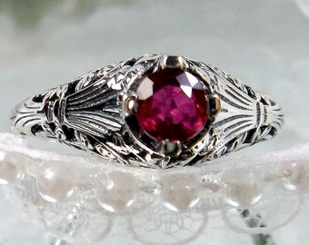 Natural Ruby Ring/ Natural Red Ruby Edwardian Floral Wedding Leaf Sterling Silver Filigree [Made To Order] Design#154