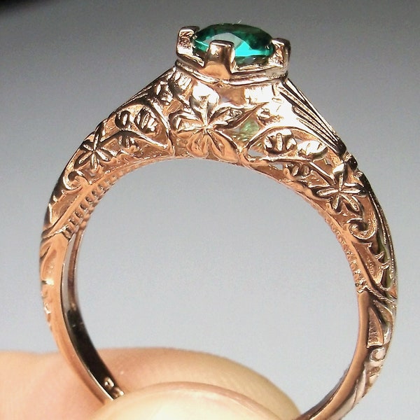 Natural Emerald Ring/ 14k, 10K, Rose Gold/ Natural Emerald, Rose Gold Floral Wedding, Victorian Revival Jewelry [Made To Order] Design#154