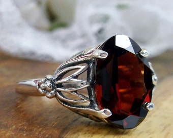 Natural Garnet Ring/ Sterling Silver/ 7ct Oval Cut Red
