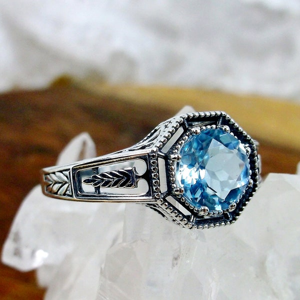 Natural Sky Blue Topaz Ring/ Solid Sterling Silver/ 1.6ct Natural Topaz Floral Art Deco Eiffel Filigree [Made To Order] Design#240