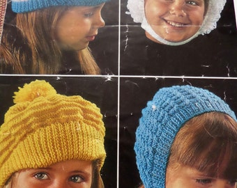 Babies Children Knitting Pattern Hats Bonnets and Caps DK 3-8 Years Vintage