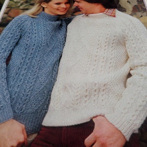 Knitting Pattern Women Ladies Mens Aran Jumper Cable Detail Round Polo Neck  32-42&quot; Vintage