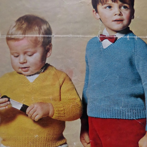 Knitting Pattern Children Girl Boy V Neck Jumper 20-24" DK or 4 ply Vintage