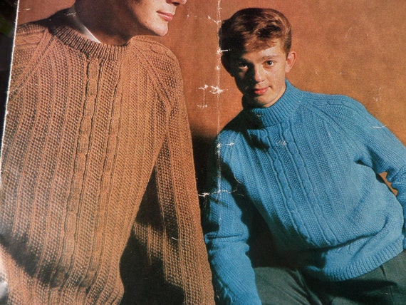 Knitting Pattern Childrens Mens Jumper Round Or Polo Neck Cable Design Dk 32 36 Vintage